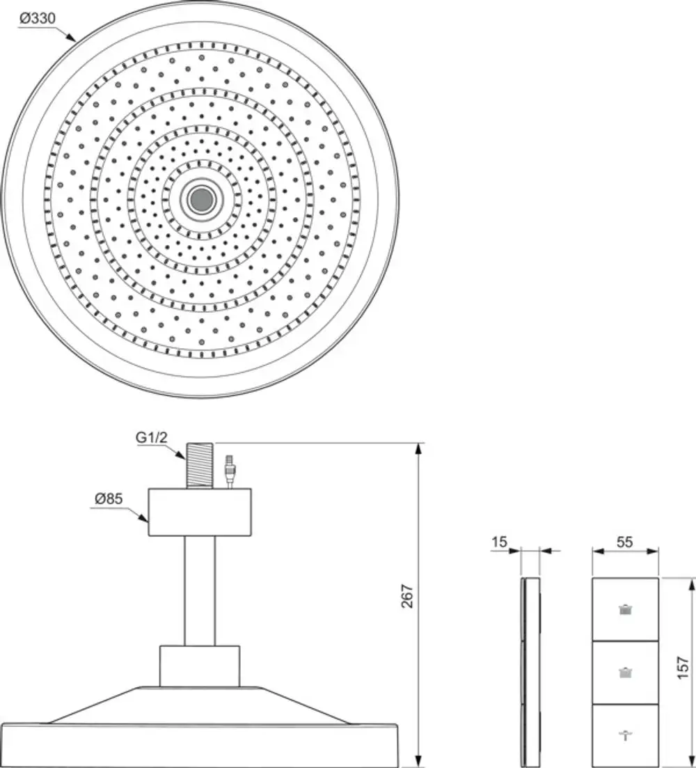 Regenbrause von Ideal Standard mit Deckenanschluss und Fernbedienung. Rundes Duschkopf-Design mit mehreren Düsen zur Wasserverteilung.